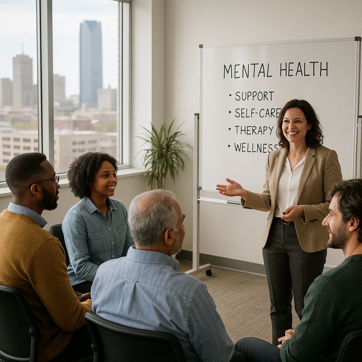 A calm and organized workshop setting with participants in a structured group discussion